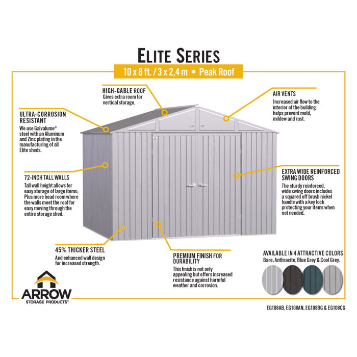 Arrow Elite Steel Storage Shed - 10 ft. Wide
