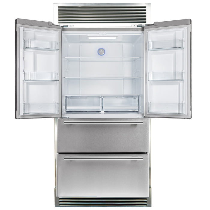 Forno FFRBI1820-40SG 36″ Moena Refrigerator FORNO ALTA QUALITA Freestanding French Doors With Ice Maker and Decorative Grill, 19.2 cu.ft.